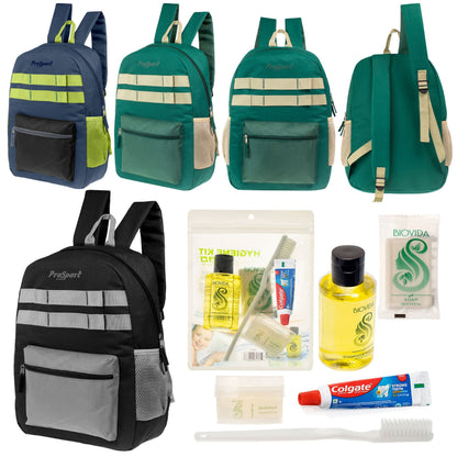 12 Multi-Color 17 'Rucksäcke mit Accent Trim & Ihre Wahl von 12 Bulk Hygiene Kits - Wholesale PFLEGE Package: Obdachlos, Notfall, Wohltätigkeit