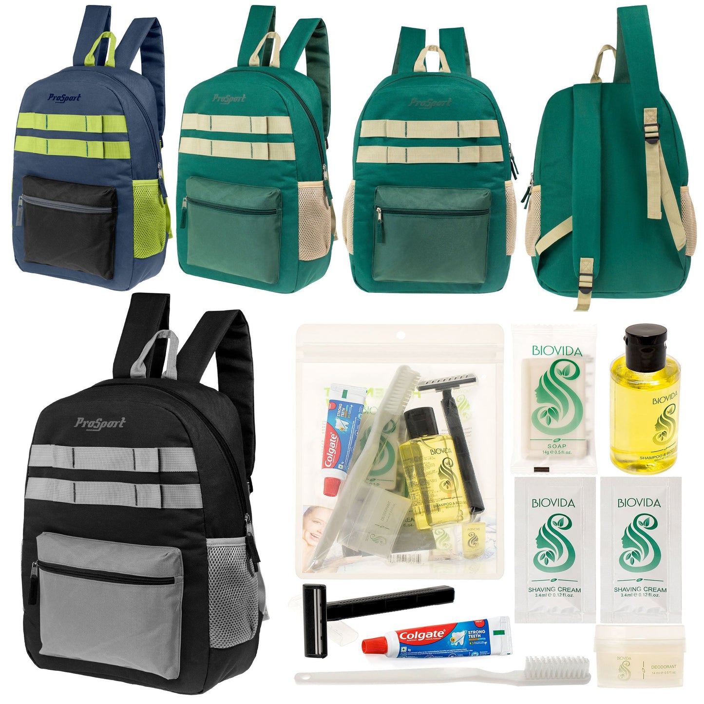 12 Multi-Color 17 'Rucksäcke mit Accent Trim & Ihre Wahl von 12 Bulk Hygiene Kits - Wholesale PFLEGE Package: Obdachlos, Notfall, Wohltätigkeit