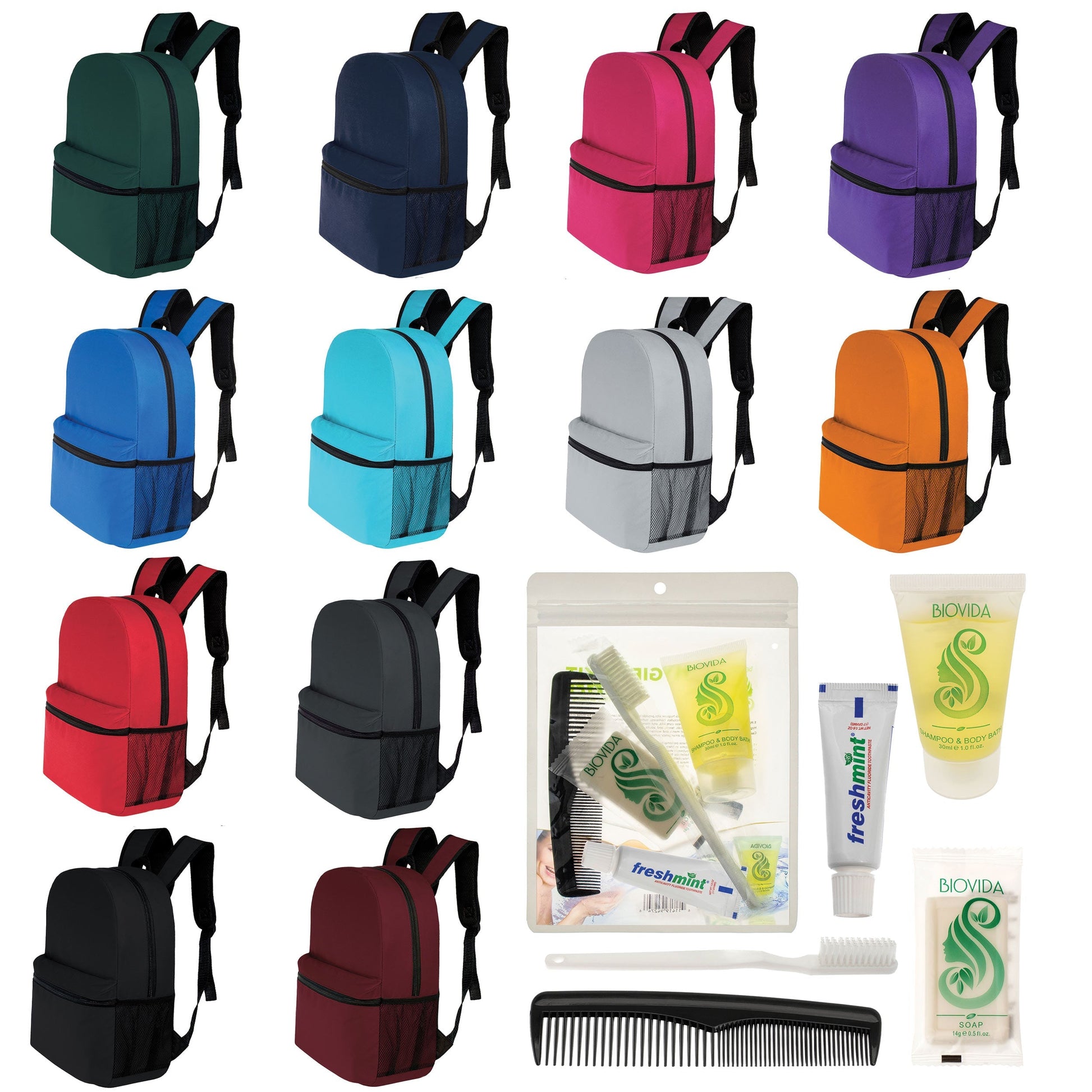 12 Basic 17 'Rucksäcke in 12 Farben mit einer Seitentasche und Ihrer Wahl von 12 Bulk Hygiene Kits - Wholesale PFLEGE Package: Obdachlos, Notfall, Wohltätigkeit