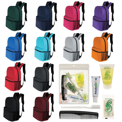 12 Basic 17 'Rucksäcke in 12 Farben mit einer Seitentasche und Ihrer Wahl von 12 Bulk Hygiene Kits - Wholesale PFLEGE Package: Obdachlos, Notfall, Wohltätigkeit