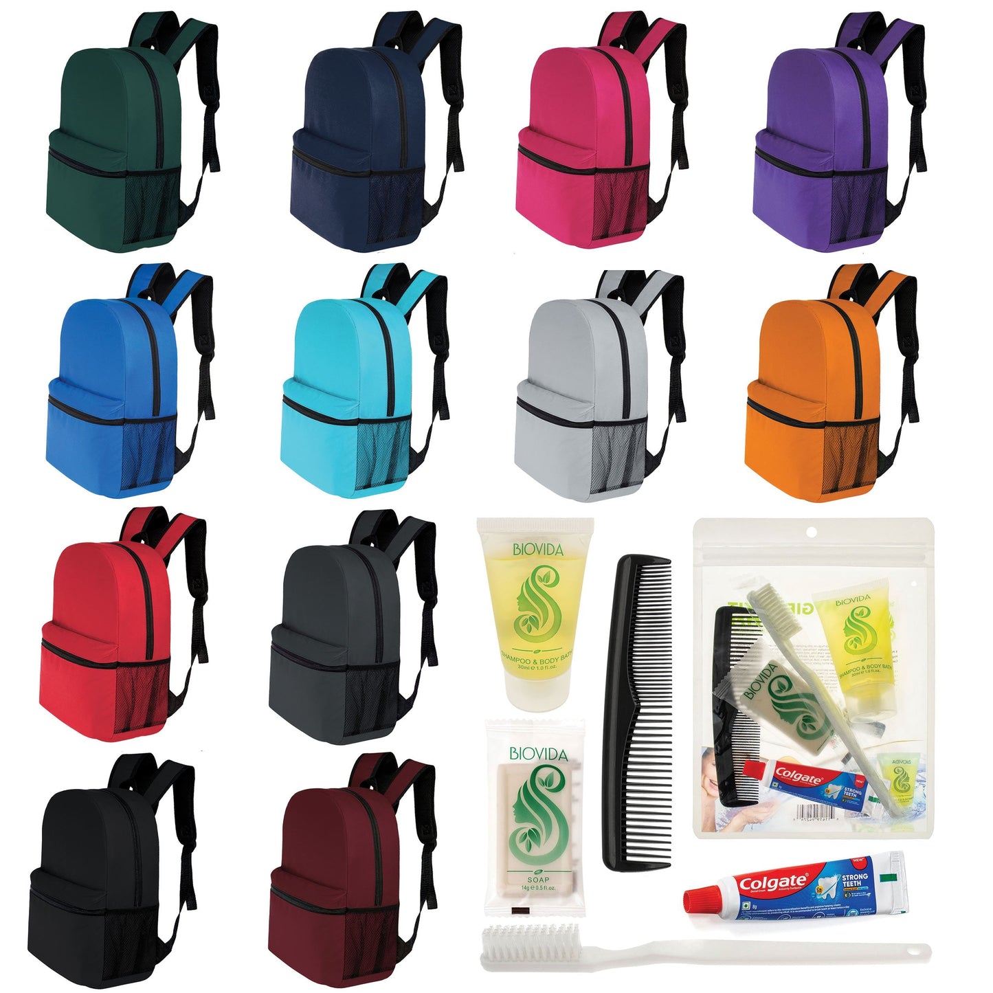 12 Basic 17 'Rucksäcke in 12 Farben mit einer Seitentasche und Ihrer Wahl von 12 Bulk Hygiene Kits - Wholesale PFLEGE Package: Obdachlos, Notfall, Wohltätigkeit