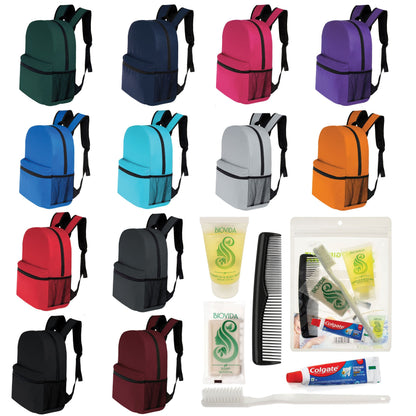 12 Basic 17 'Rucksäcke in 12 Farben mit einer Seitentasche und Ihrer Wahl von 12 Bulk Hygiene Kits - Wholesale PFLEGE Package: Obdachlos, Notfall, Wohltätigkeit