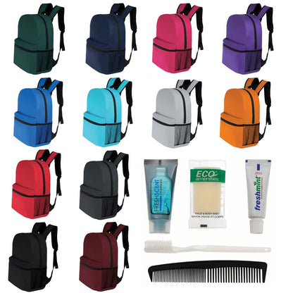 12 Basic 17 'Rucksäcke in 12 Farben mit einer Seitentasche und Ihrer Wahl von 12 Bulk Hygiene Kits - Wholesale PFLEGE Package: Obdachlos, Notfall, Wohltätigkeit