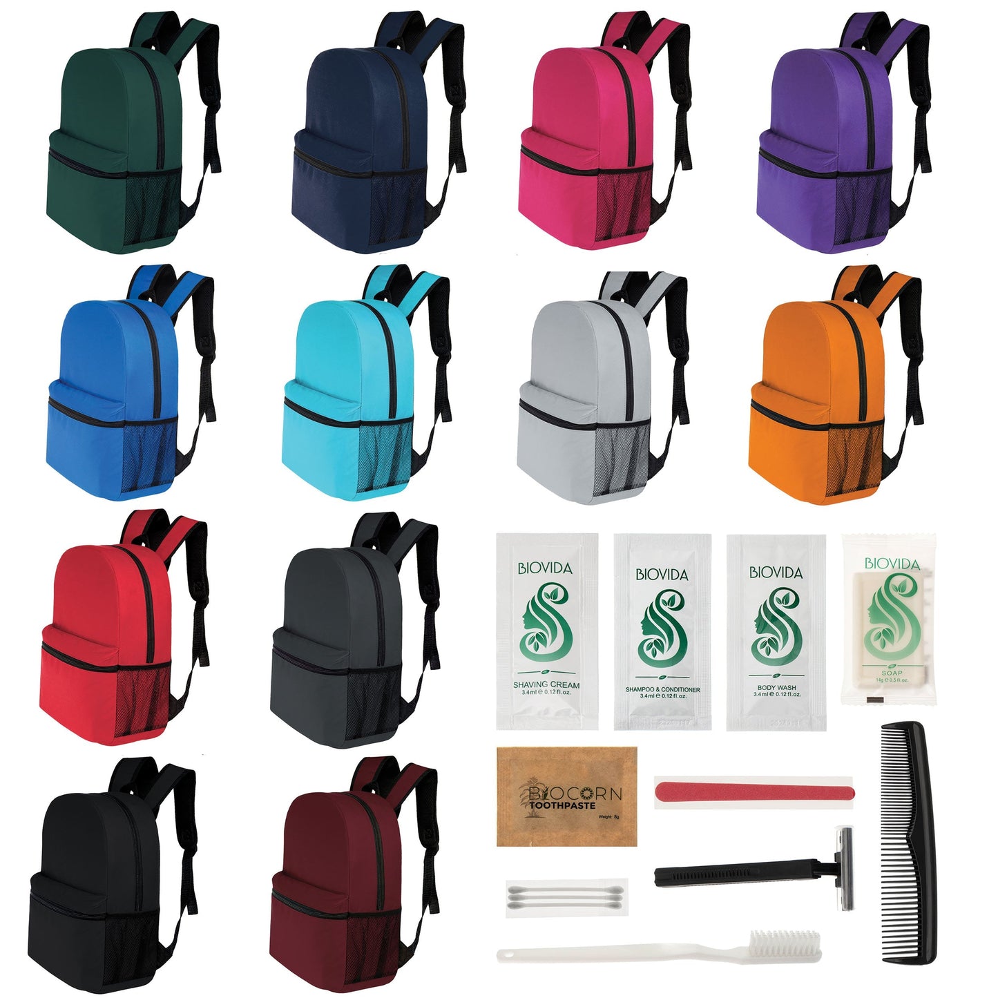 12 Basic 17 'Rucksäcke in 12 Farben mit einer Seitentasche und Ihrer Wahl von 12 Bulk Hygiene Kits - Wholesale PFLEGE Package: Obdachlos, Notfall, Wohltätigkeit