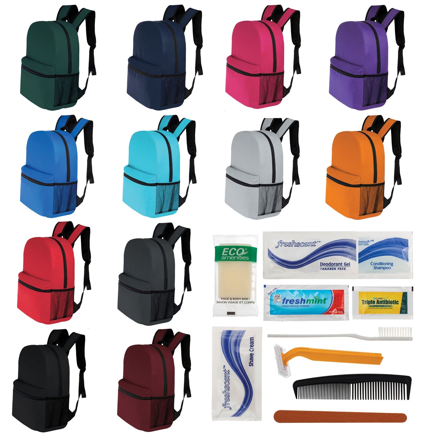 12 Basic 17 'Rucksäcke in 12 Farben mit einer Seitentasche und Ihrer Wahl von 12 Bulk Hygiene Kits - Wholesale PFLEGE Package: Obdachlos, Notfall, Wohltätigkeit
