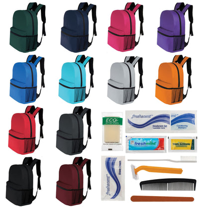 12 Basic 17 'Rucksäcke in 12 Farben mit einer Seitentasche und Ihrer Wahl von 12 Bulk Hygiene Kits - Wholesale PFLEGE Package: Obdachlos, Notfall, Wohltätigkeit