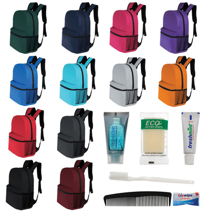 12 Basic 17 'Rucksäcke in 12 Farben mit einer Seitentasche und Ihrer Wahl von 12 Bulk Hygiene Kits - Wholesale PFLEGE Package: Obdachlos, Notfall, Wohltätigkeit