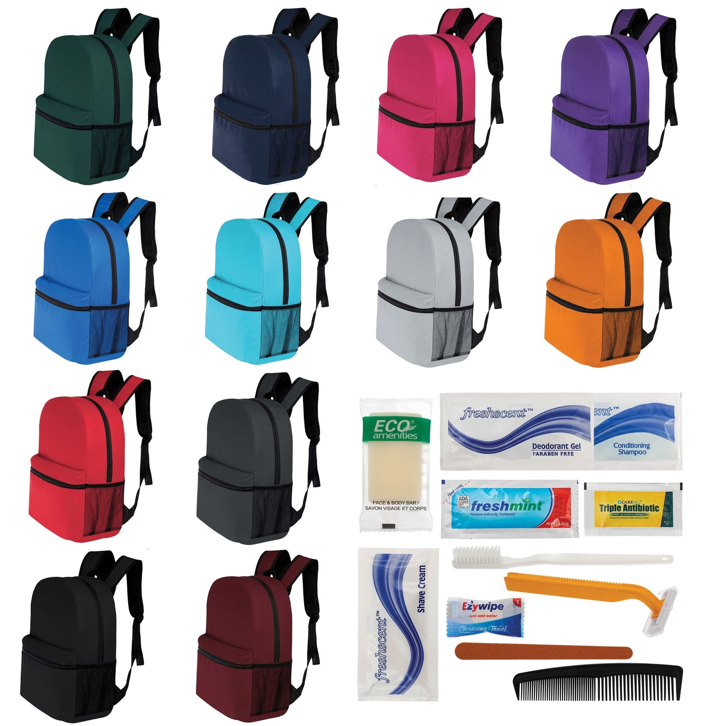 12 Basic 17 'Rucksäcke in 12 Farben mit einer Seitentasche und Ihrer Wahl von 12 Bulk Hygiene Kits - Wholesale PFLEGE Package: Obdachlos, Notfall, Wohltätigkeit