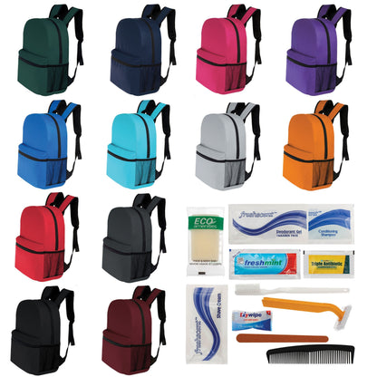 12 Basic 17 'Rucksäcke in 12 Farben mit einer Seitentasche und Ihrer Wahl von 12 Bulk Hygiene Kits - Wholesale PFLEGE Package: Obdachlos, Notfall, Wohltätigkeit