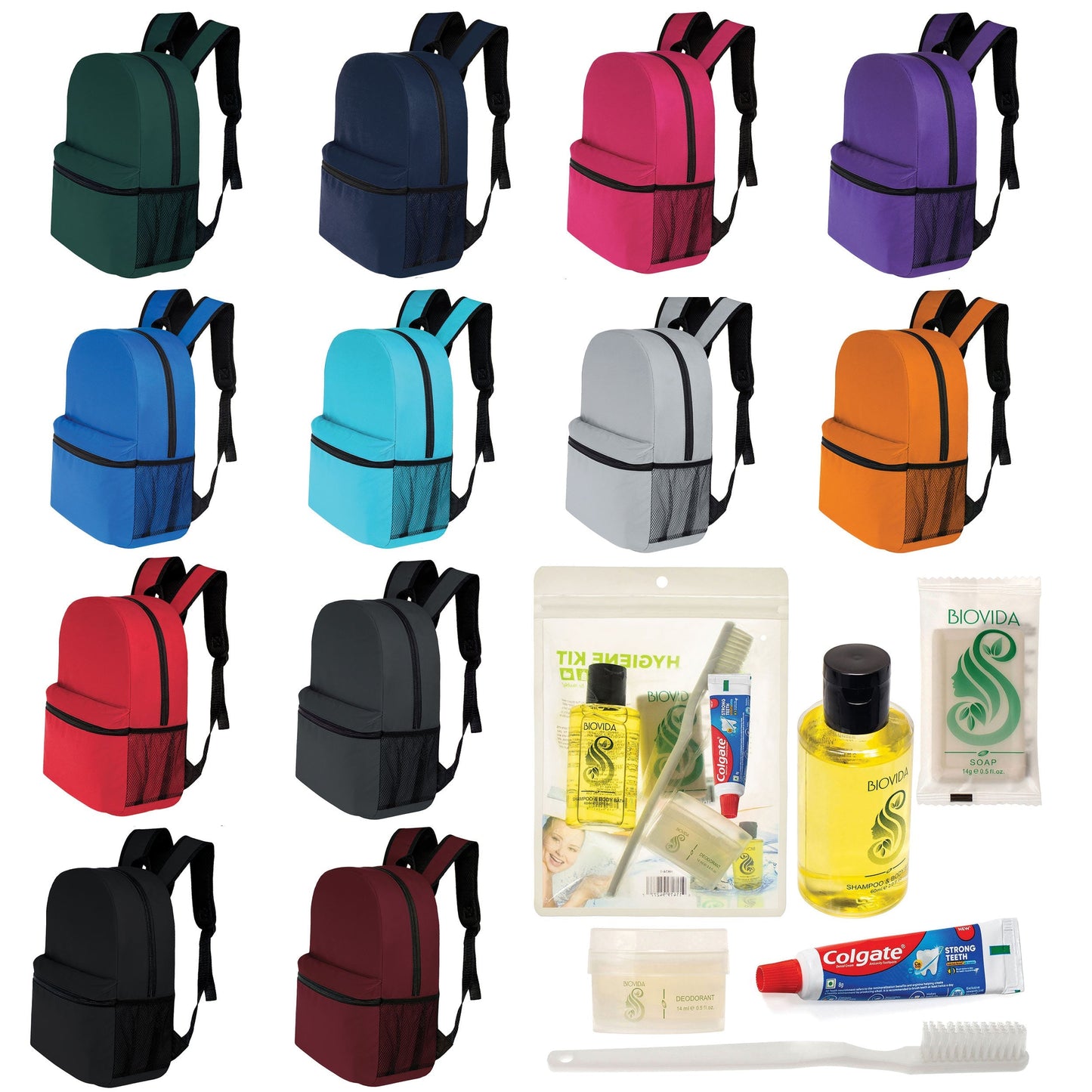 12 Basic 17 'Rucksäcke in 12 Farben mit einer Seitentasche und Ihrer Wahl von 12 Bulk Hygiene Kits - Wholesale PFLEGE Package: Obdachlos, Notfall, Wohltätigkeit