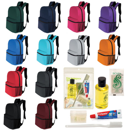 12 Basic 17 'Rucksäcke in 12 Farben mit einer Seitentasche und Ihrer Wahl von 12 Bulk Hygiene Kits - Wholesale PFLEGE Package: Obdachlos, Notfall, Wohltätigkeit