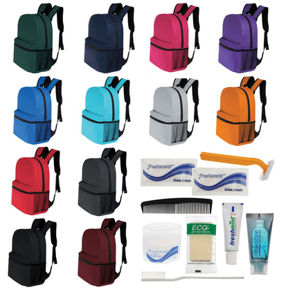 12 Basic 17 'Rucksäcke in 12 Farben mit einer Seitentasche und Ihrer Wahl von 12 Bulk Hygiene Kits - Wholesale PFLEGE Package: Obdachlos, Notfall, Wohltätigkeit