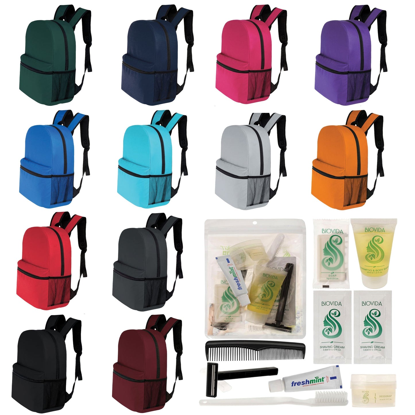 12 Basic 17 'Rucksäcke in 12 Farben mit einer Seitentasche und Ihrer Wahl von 12 Bulk Hygiene Kits - Wholesale PFLEGE Package: Obdachlos, Notfall, Wohltätigkeit