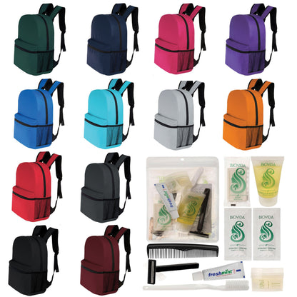 12 Basic 17 'Rucksäcke in 12 Farben mit einer Seitentasche und Ihrer Wahl von 12 Bulk Hygiene Kits - Wholesale PFLEGE Package: Obdachlos, Notfall, Wohltätigkeit