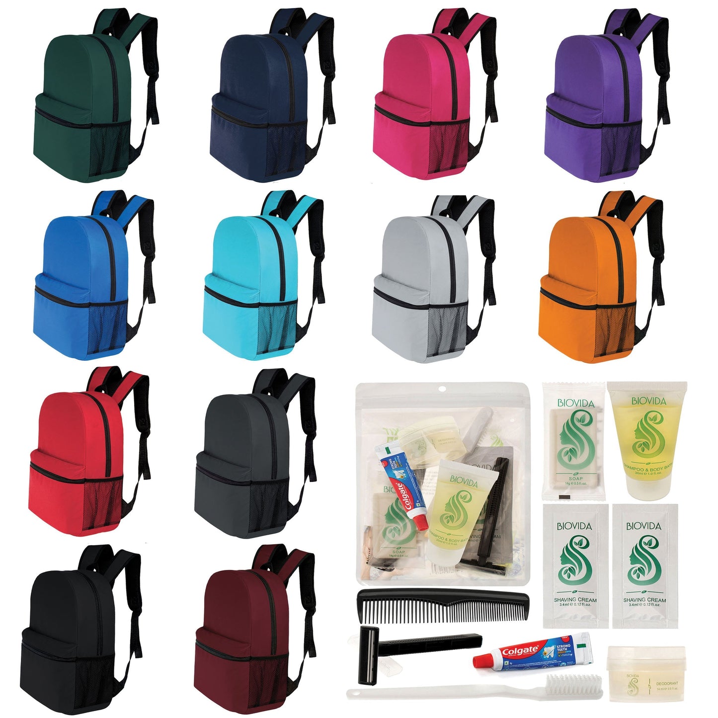 12 Basic 17 'Rucksäcke in 12 Farben mit einer Seitentasche und Ihrer Wahl von 12 Bulk Hygiene Kits - Wholesale PFLEGE Package: Obdachlos, Notfall, Wohltätigkeit