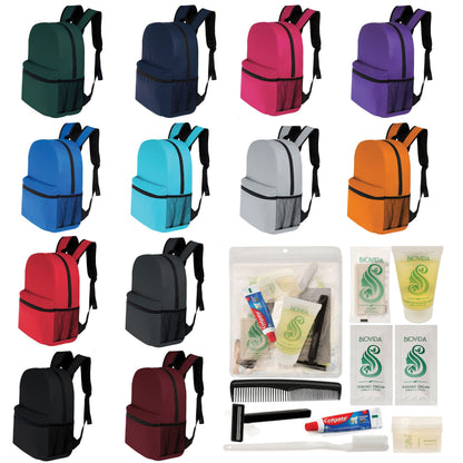 12 Basic 17 'Rucksäcke in 12 Farben mit einer Seitentasche und Ihrer Wahl von 12 Bulk Hygiene Kits - Wholesale PFLEGE Package: Obdachlos, Notfall, Wohltätigkeit