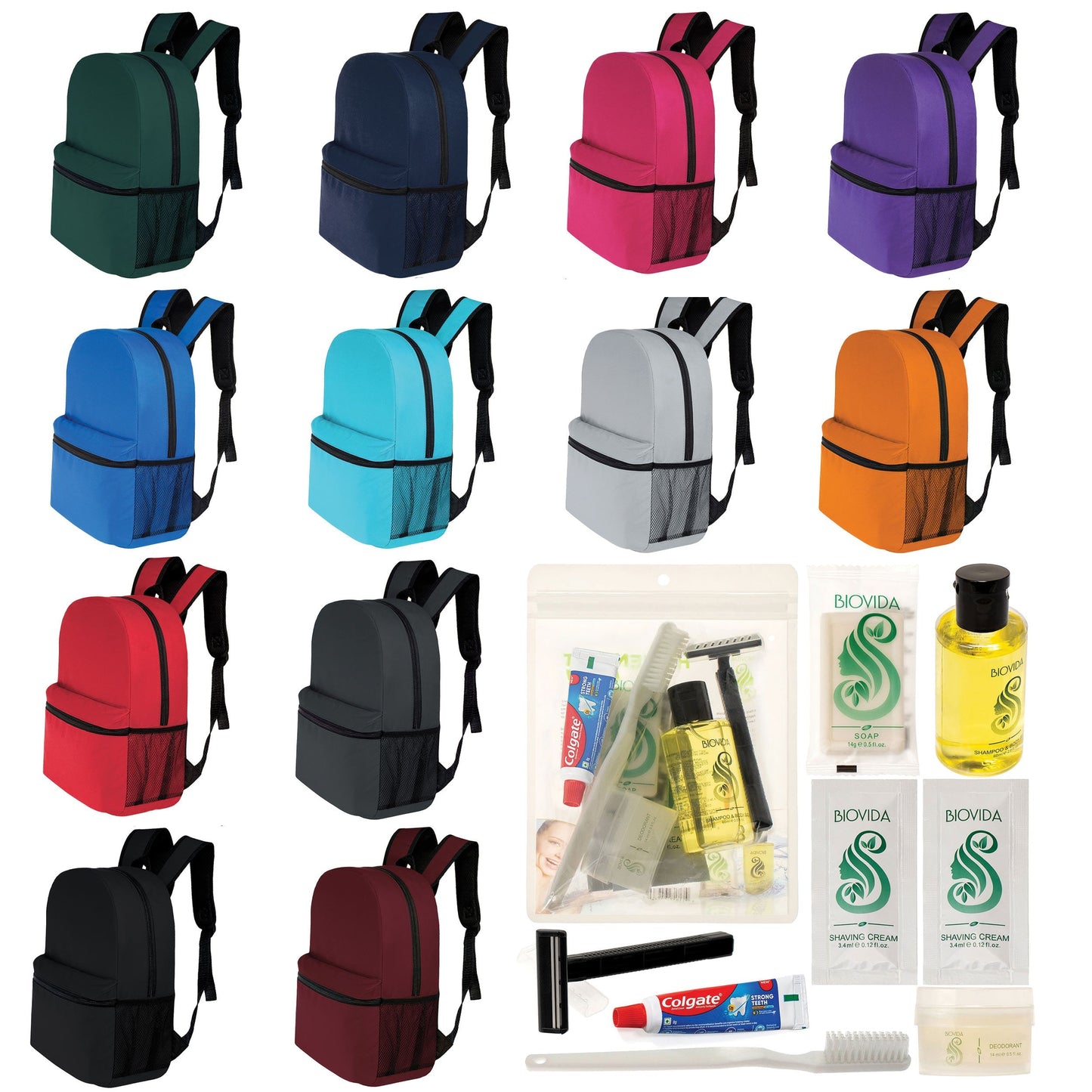 12 Basic 17 'Rucksäcke in 12 Farben mit einer Seitentasche und Ihrer Wahl von 12 Bulk Hygiene Kits - Wholesale PFLEGE Package: Obdachlos, Notfall, Wohltätigkeit