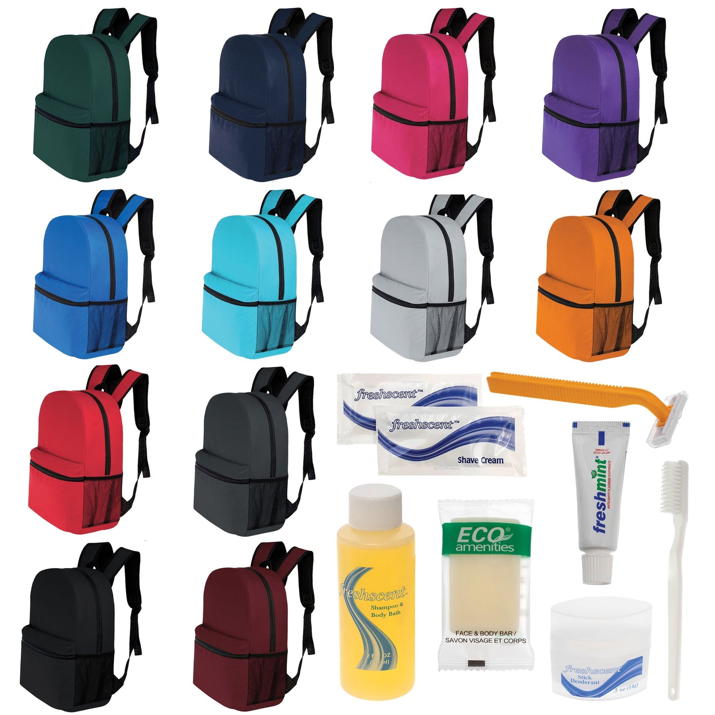 12 Basic 17 'Rucksäcke in 12 Farben mit einer Seitentasche und Ihrer Wahl von 12 Bulk Hygiene Kits - Wholesale PFLEGE Package: Obdachlos, Notfall, Wohltätigkeit