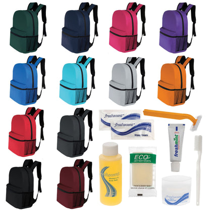 12 Basic 17 'Rucksäcke in 12 Farben mit einer Seitentasche und Ihrer Wahl von 12 Bulk Hygiene Kits - Wholesale PFLEGE Package: Obdachlos, Notfall, Wohltätigkeit