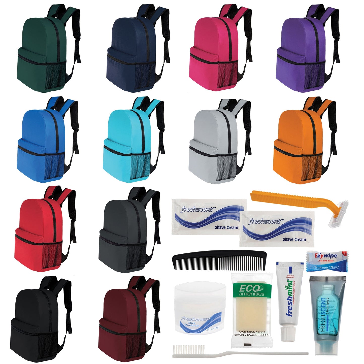 12 Basic 17 'Rucksäcke in 12 Farben mit einer Seitentasche und Ihrer Wahl von 12 Bulk Hygiene Kits - Wholesale PFLEGE Package: Obdachlos, Notfall, Wohltätigkeit