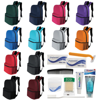 12 Basic 17 'Rucksäcke in 12 Farben mit einer Seitentasche und Ihrer Wahl von 12 Bulk Hygiene Kits - Wholesale PFLEGE Package: Obdachlos, Notfall, Wohltätigkeit