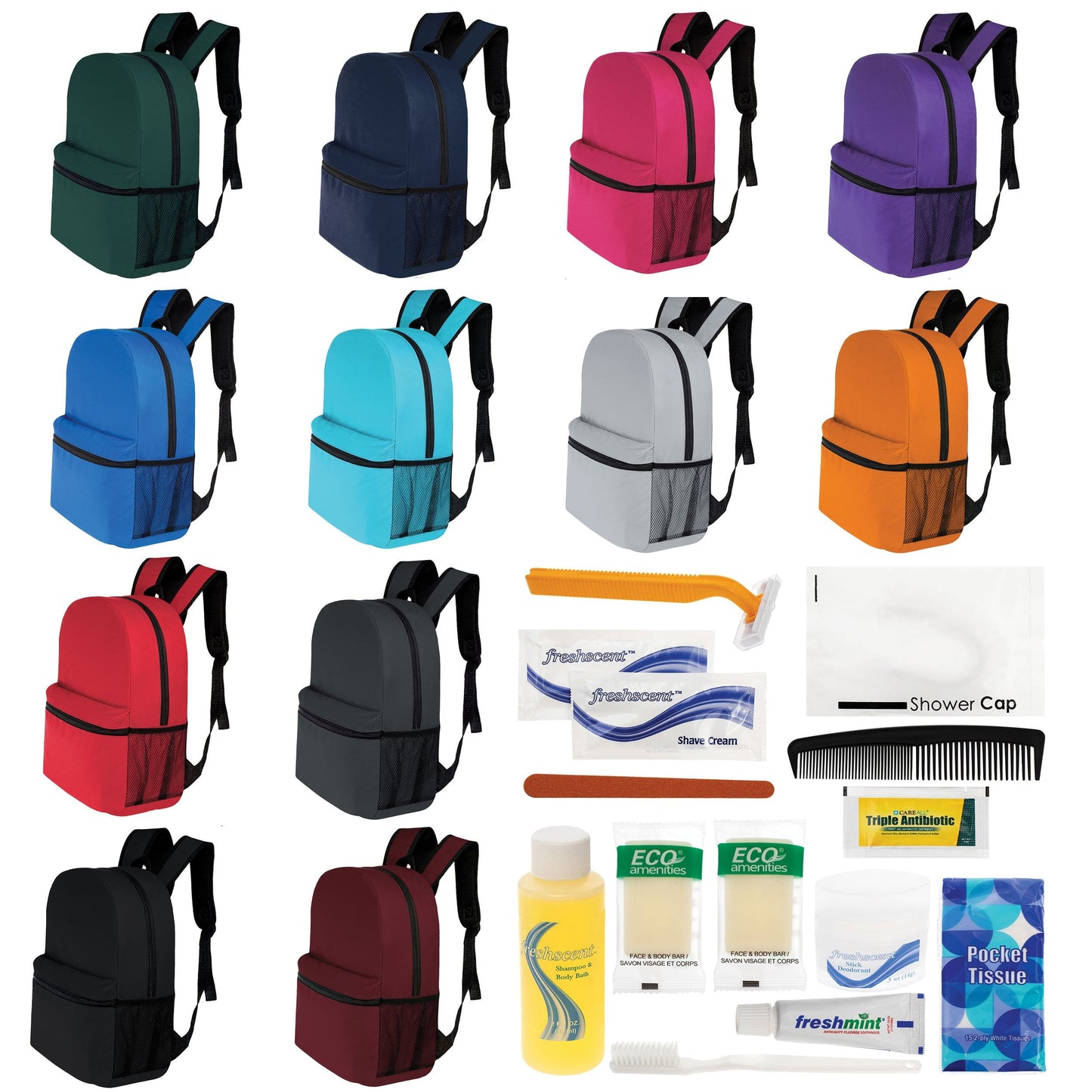 12 Basic 17 'Rucksäcke in 12 Farben mit einer Seitentasche und Ihrer Wahl von 12 Bulk Hygiene Kits - Wholesale PFLEGE Package: Obdachlos, Notfall, Wohltätigkeit