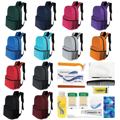 12 Basic 17 'Rucksäcke in 12 Farben mit einer Seitentasche und Ihrer Wahl von 12 Bulk Hygiene Kits - Wholesale PFLEGE Package: Obdachlos, Notfall, Wohltätigkeit
