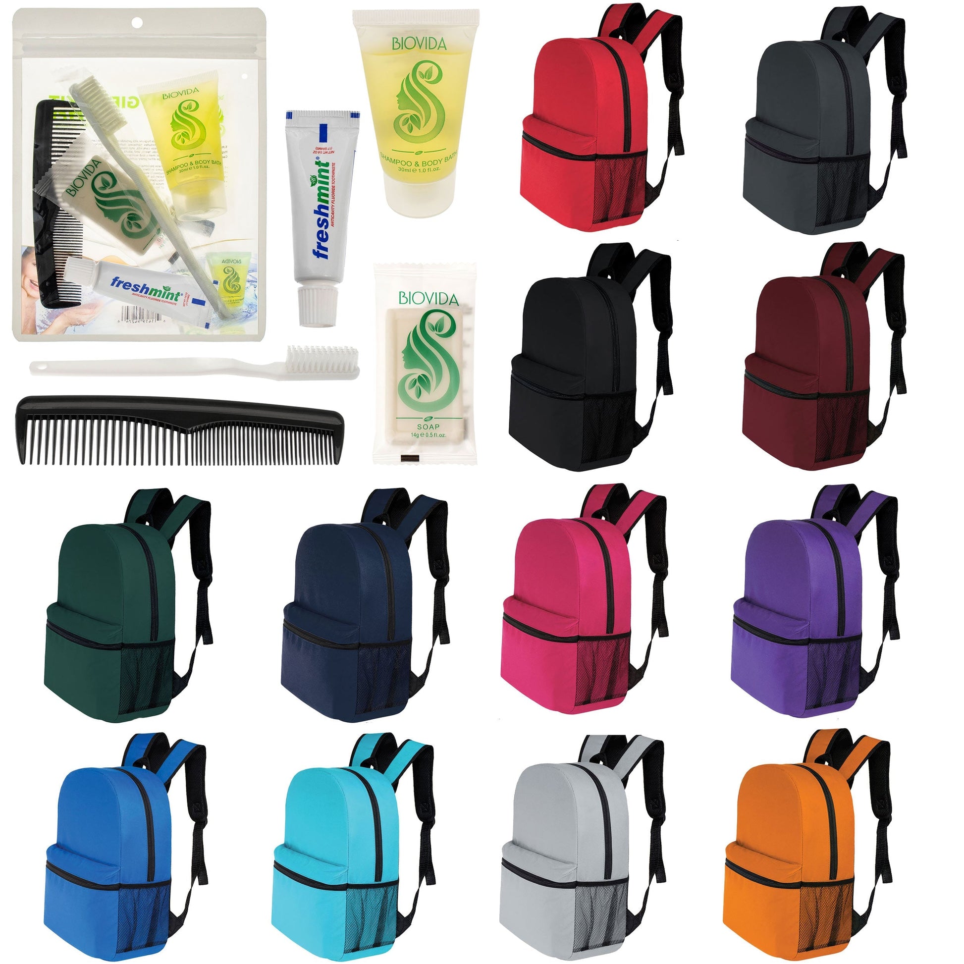 12 Basic 16 'Rucksäcke in 12 Farben mit einer Seitentasche und Ihrer Wahl von 12 Bulk Hygiene Kits - Wholesale PFLEGE Package: Obdachlos, Notfall, Wohltätigkeit