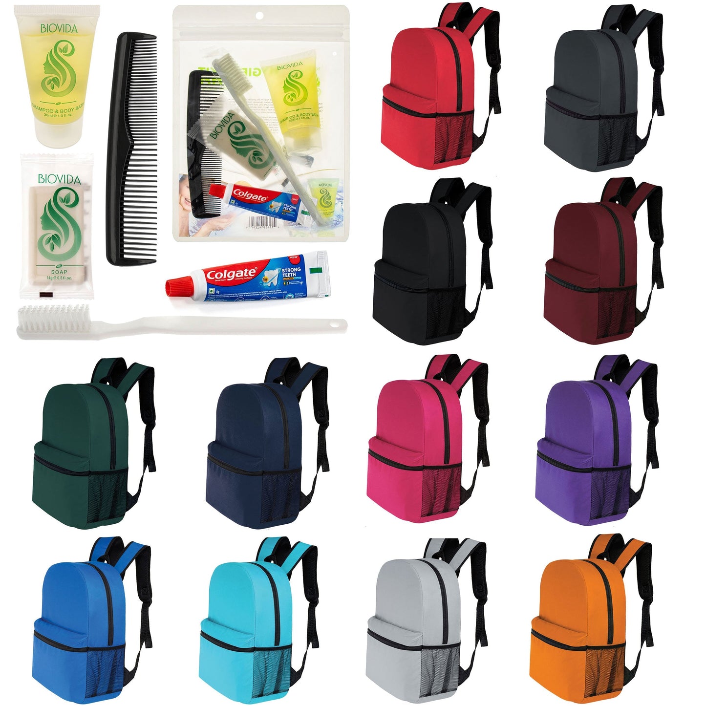 12 Basic 16 'Rucksäcke in 12 Farben mit einer Seitentasche und Ihrer Wahl von 12 Bulk Hygiene Kits - Wholesale PFLEGE Package: Obdachlos, Notfall, Wohltätigkeit