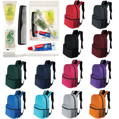 12 Basic 16 'Rucksäcke in 12 Farben mit einer Seitentasche und Ihrer Wahl von 12 Bulk Hygiene Kits - Wholesale PFLEGE Package: Obdachlos, Notfall, Wohltätigkeit