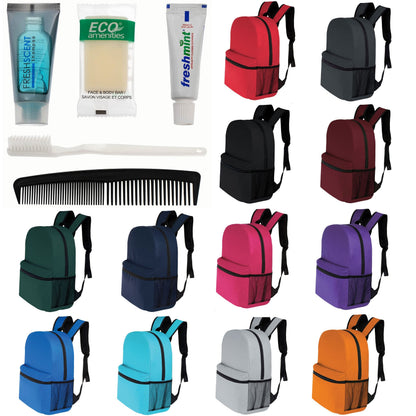 12 Basic 16 'Rucksäcke in 12 Farben mit einer Seitentasche und Ihrer Wahl von 12 Bulk Hygiene Kits - Wholesale PFLEGE Package: Obdachlos, Notfall, Wohltätigkeit