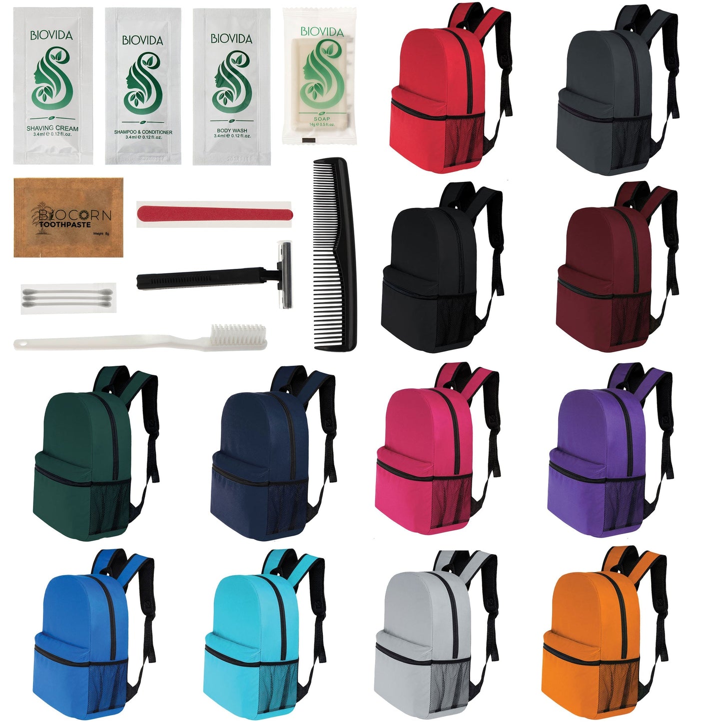 12 Basic 16 'Rucksäcke in 12 Farben mit einer Seitentasche und Ihrer Wahl von 12 Bulk Hygiene Kits - Wholesale PFLEGE Package: Obdachlos, Notfall, Wohltätigkeit