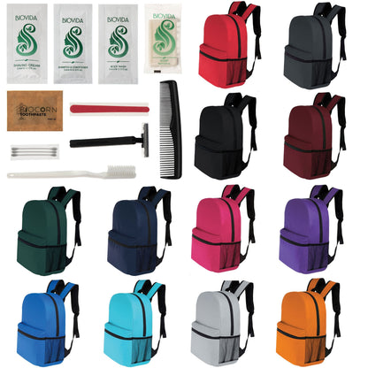 12 Basic 16 'Rucksäcke in 12 Farben mit einer Seitentasche und Ihrer Wahl von 12 Bulk Hygiene Kits - Wholesale PFLEGE Package: Obdachlos, Notfall, Wohltätigkeit