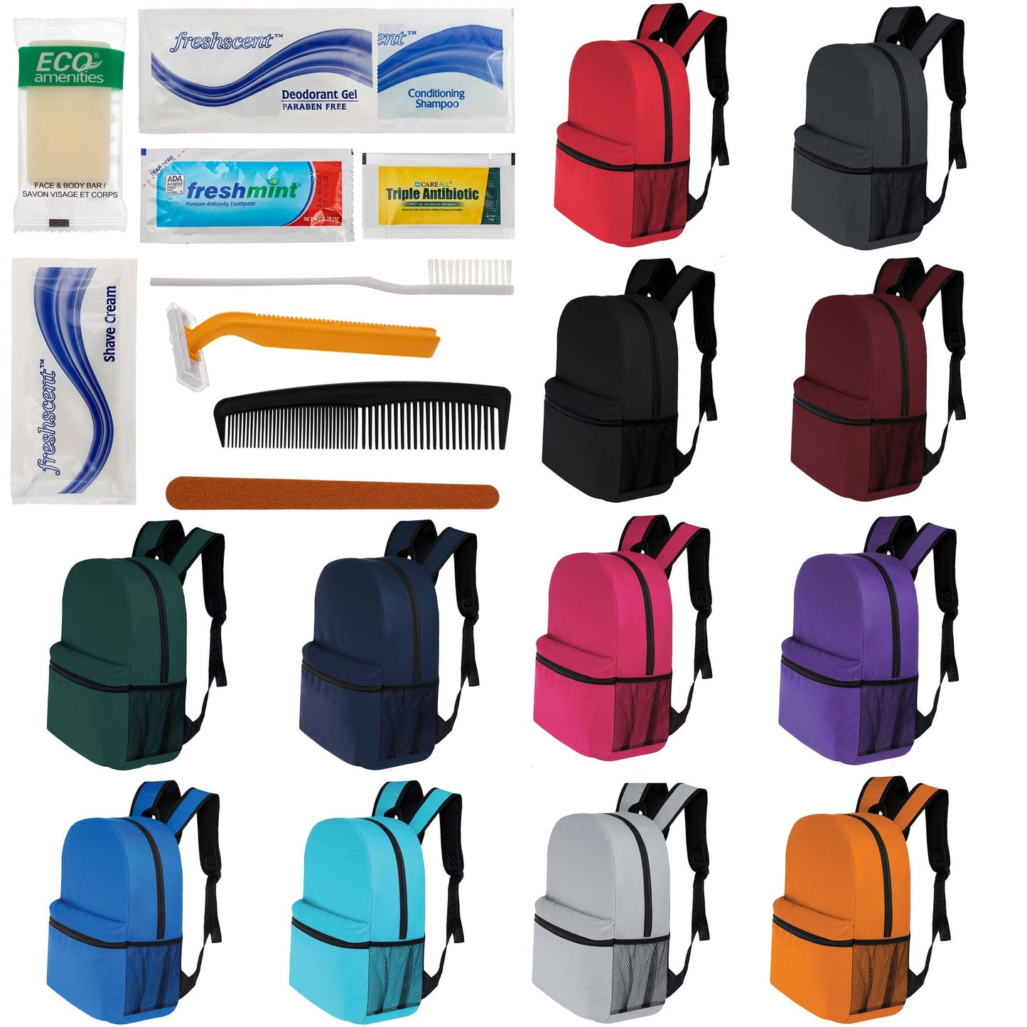 12 Basic 16 'Rucksäcke in 12 Farben mit einer Seitentasche und Ihrer Wahl von 12 Bulk Hygiene Kits - Wholesale PFLEGE Package: Obdachlos, Notfall, Wohltätigkeit