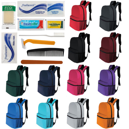 12 Basic 16 'Rucksäcke in 12 Farben mit einer Seitentasche und Ihrer Wahl von 12 Bulk Hygiene Kits - Wholesale PFLEGE Package: Obdachlos, Notfall, Wohltätigkeit