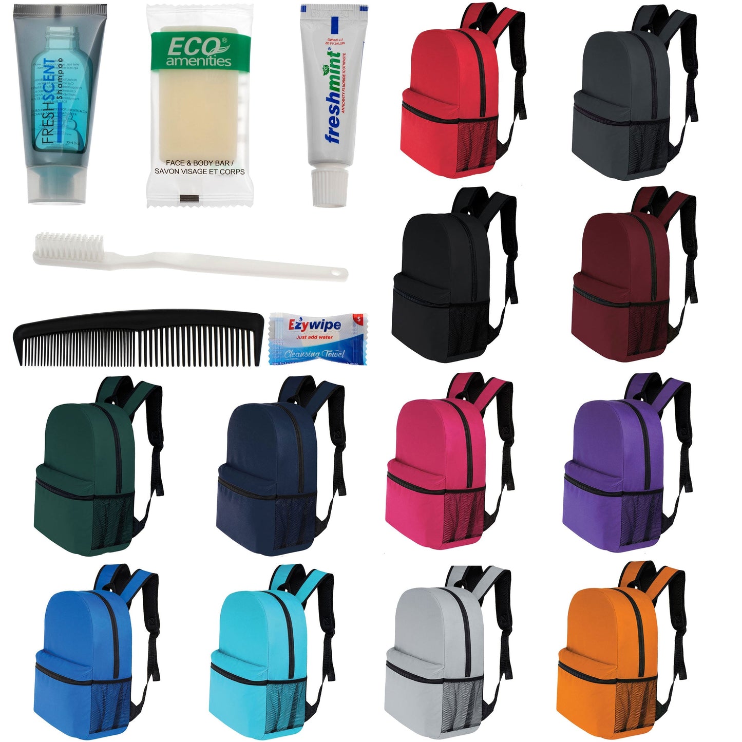 12 Basic 16 'Rucksäcke in 12 Farben mit einer Seitentasche und Ihrer Wahl von 12 Bulk Hygiene Kits - Wholesale PFLEGE Package: Obdachlos, Notfall, Wohltätigkeit