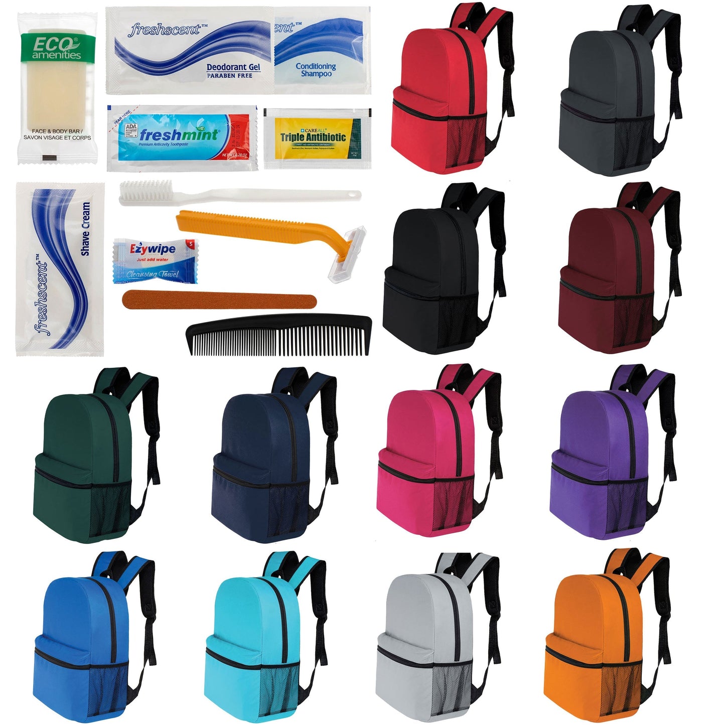 12 Basic 16 'Rucksäcke in 12 Farben mit einer Seitentasche und Ihrer Wahl von 12 Bulk Hygiene Kits - Wholesale PFLEGE Package: Obdachlos, Notfall, Wohltätigkeit