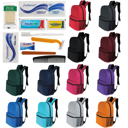 12 Basic 16 'Rucksäcke in 12 Farben mit einer Seitentasche und Ihrer Wahl von 12 Bulk Hygiene Kits - Wholesale PFLEGE Package: Obdachlos, Notfall, Wohltätigkeit