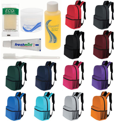 12 Basic 16 'Rucksäcke in 12 Farben mit einer Seitentasche und Ihrer Wahl von 12 Bulk Hygiene Kits - Wholesale PFLEGE Package: Obdachlos, Notfall, Wohltätigkeit