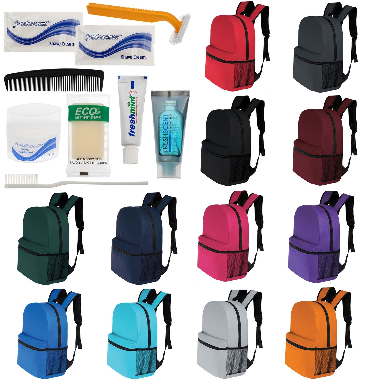 12 Basic 16 'Rucksäcke in 12 Farben mit einer Seitentasche und Ihrer Wahl von 12 Bulk Hygiene Kits - Wholesale PFLEGE Package: Obdachlos, Notfall, Wohltätigkeit