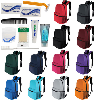 12 Basic 16 'Rucksäcke in 12 Farben mit einer Seitentasche und Ihrer Wahl von 12 Bulk Hygiene Kits - Wholesale PFLEGE Package: Obdachlos, Notfall, Wohltätigkeit