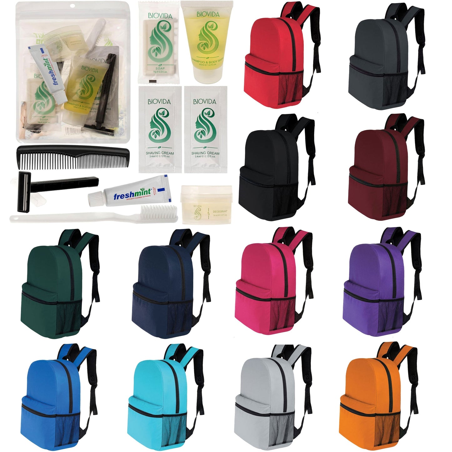 12 Basic 16 'Rucksäcke in 12 Farben mit einer Seitentasche und Ihrer Wahl von 12 Bulk Hygiene Kits - Wholesale PFLEGE Package: Obdachlos, Notfall, Wohltätigkeit