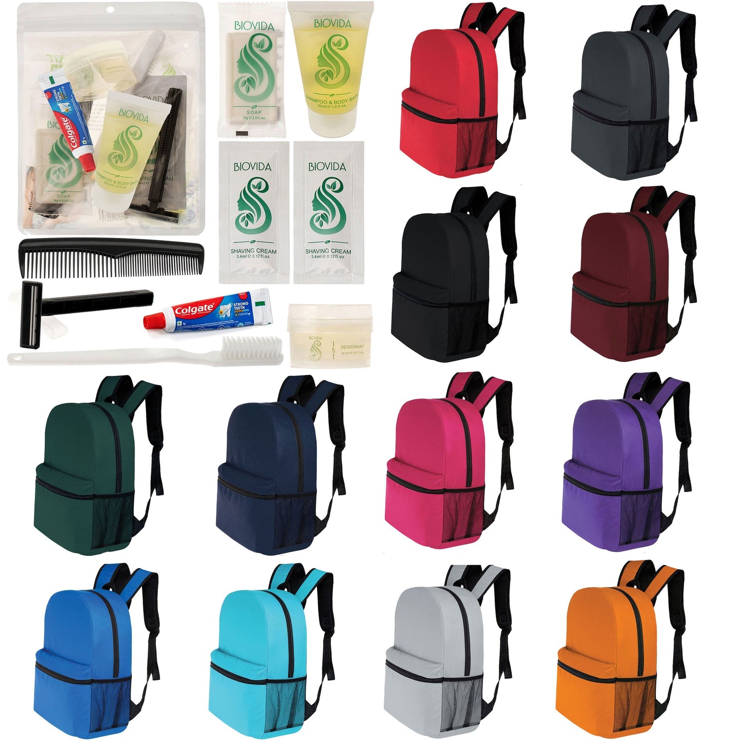 12 Basic 16 'Rucksäcke in 12 Farben mit einer Seitentasche und Ihrer Wahl von 12 Bulk Hygiene Kits - Wholesale PFLEGE Package: Obdachlos, Notfall, Wohltätigkeit