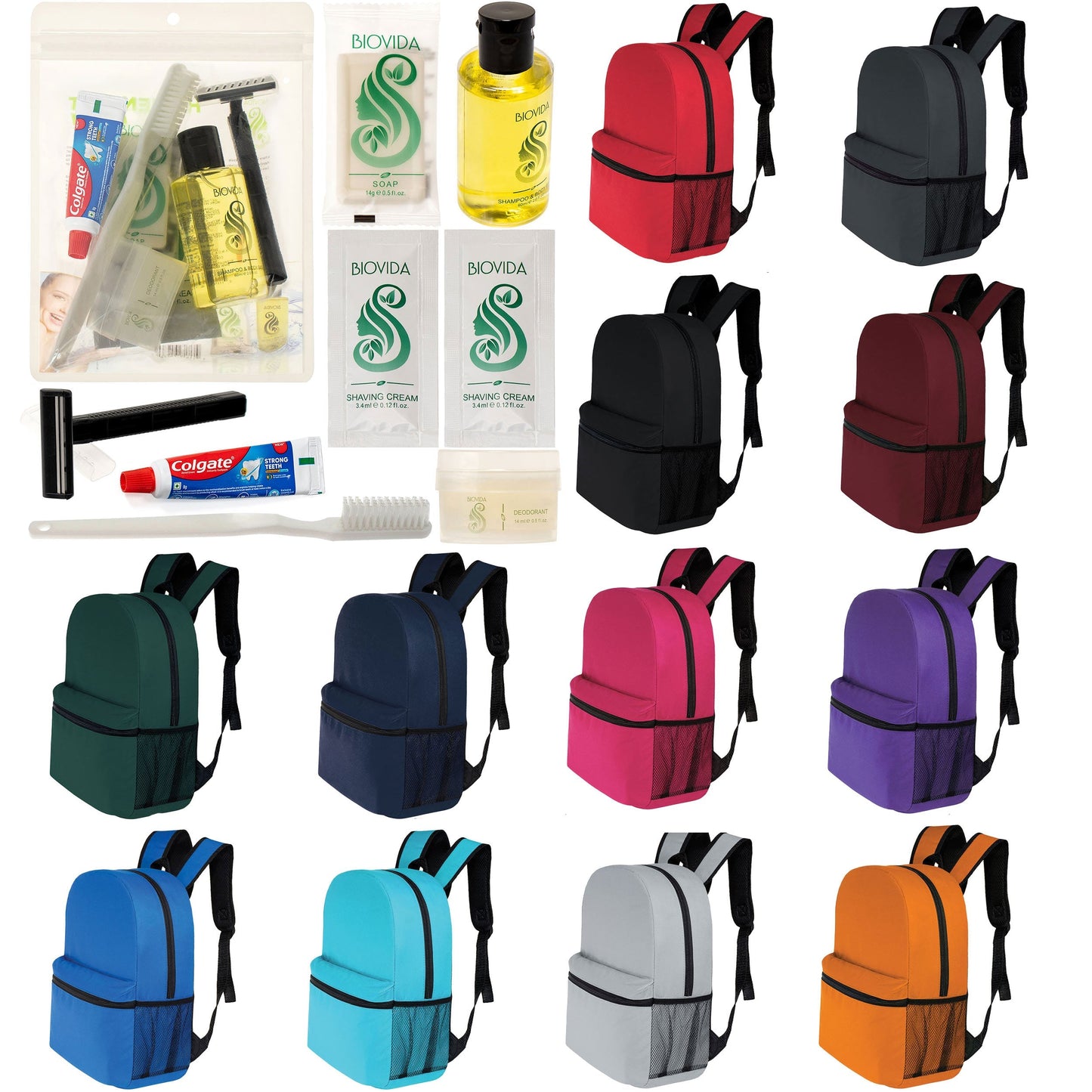 12 Basic 16 'Rucksäcke in 12 Farben mit einer Seitentasche und Ihrer Wahl von 12 Bulk Hygiene Kits - Wholesale PFLEGE Package: Obdachlos, Notfall, Wohltätigkeit