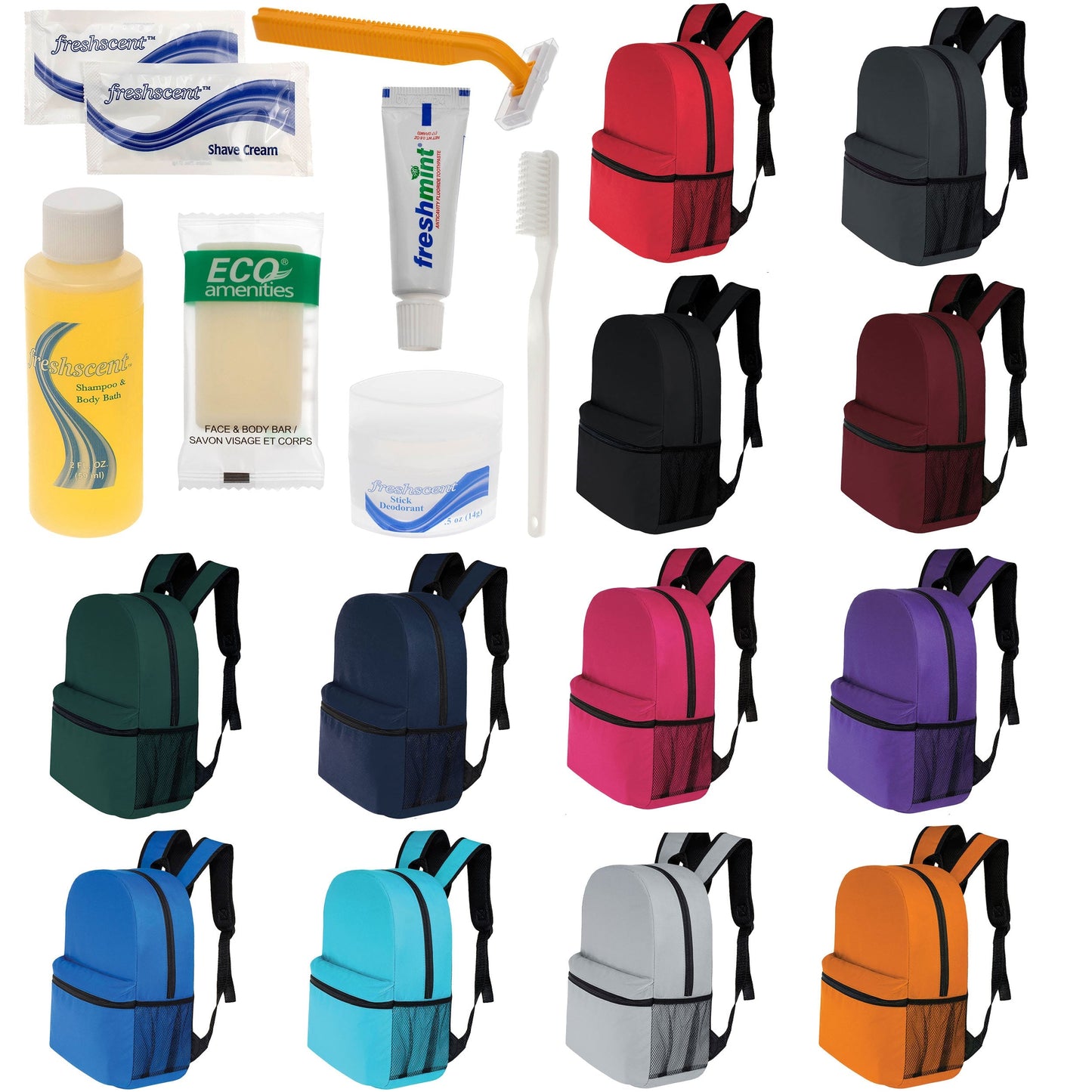 12 Basic 16 'Rucksäcke in 12 Farben mit einer Seitentasche und Ihrer Wahl von 12 Bulk Hygiene Kits - Wholesale PFLEGE Package: Obdachlos, Notfall, Wohltätigkeit
