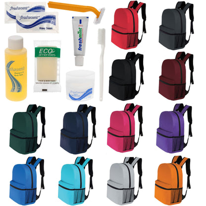 12 Basic 16 'Rucksäcke in 12 Farben mit einer Seitentasche und Ihrer Wahl von 12 Bulk Hygiene Kits - Wholesale PFLEGE Package: Obdachlos, Notfall, Wohltätigkeit