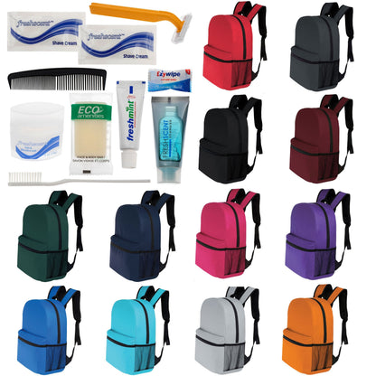 12 Basic 16 'Rucksäcke in 12 Farben mit einer Seitentasche und Ihrer Wahl von 12 Bulk Hygiene Kits - Wholesale PFLEGE Package: Obdachlos, Notfall, Wohltätigkeit