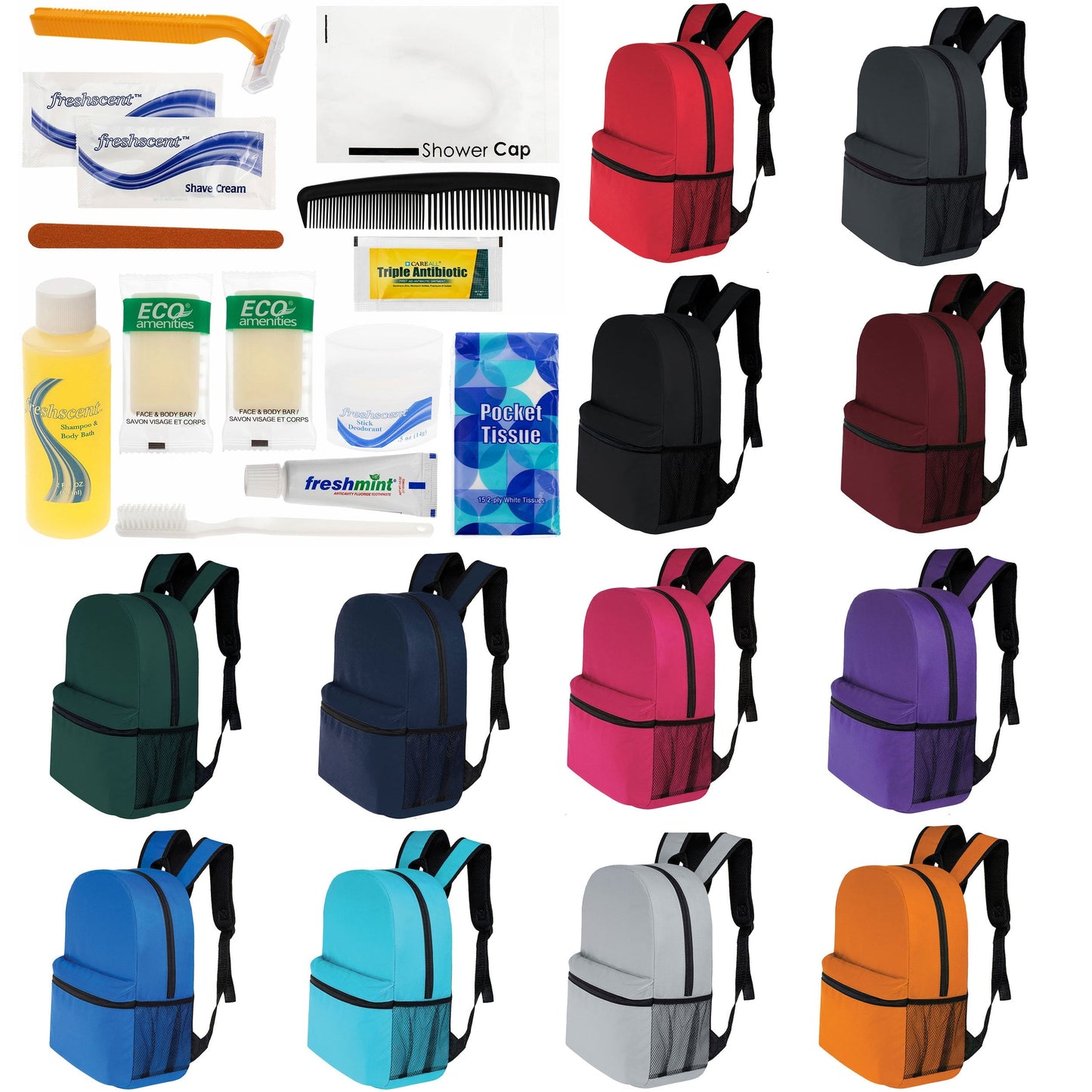 12 Basic 16 'Rucksäcke in 12 Farben mit einer Seitentasche und Ihrer Wahl von 12 Bulk Hygiene Kits - Wholesale PFLEGE Package: Obdachlos, Notfall, Wohltätigkeit