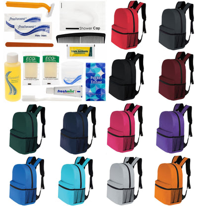12 Basic 16 'Rucksäcke in 12 Farben mit einer Seitentasche und Ihrer Wahl von 12 Bulk Hygiene Kits - Wholesale PFLEGE Package: Obdachlos, Notfall, Wohltätigkeit