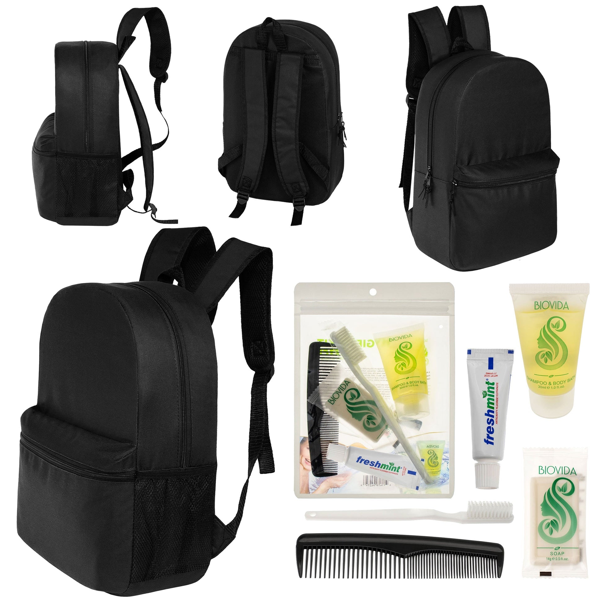 12 Basic 18,5 'Rucksäcke in Schwarz & Ihre Wahl von 12 Bulk Hygiene Kits - Wholesale PFLEGE Package: Obdachlos, Notfall, Wohltätigkeit